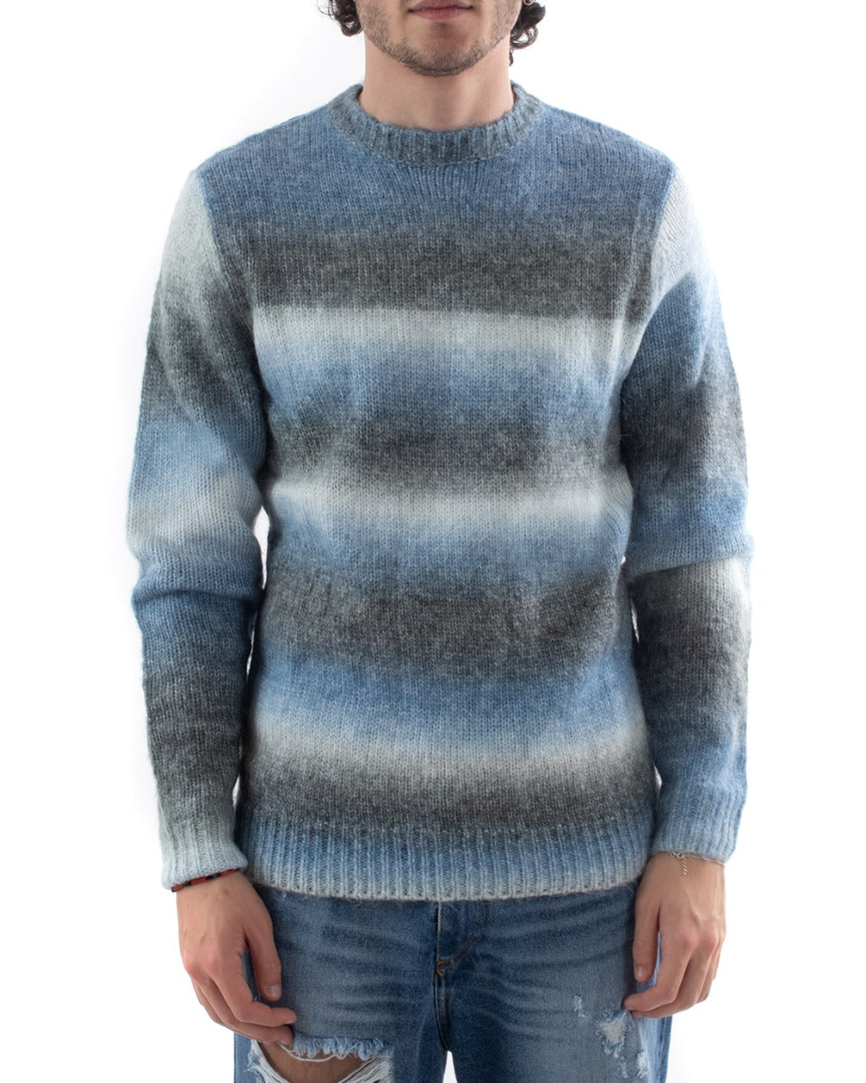 Maglioncino Uomo Girocollo Maglione Pesante Rigato Celeste Grigio Casual GIOSAL-M2637A