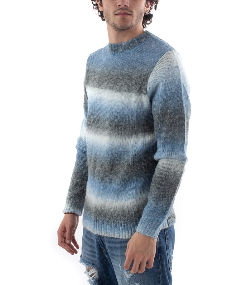 Maglioncino Uomo Girocollo Maglione Pesante Rigato Celeste Grigio Casual GIOSAL-M2637A