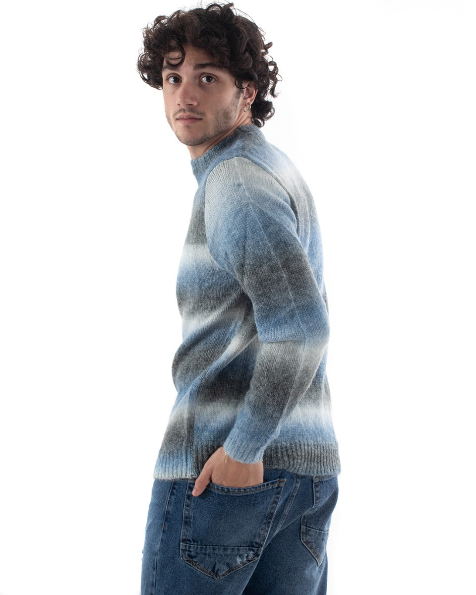 Maglioncino Uomo Girocollo Maglione Pesante Rigato Celeste Grigio Casual GIOSAL-M2637A