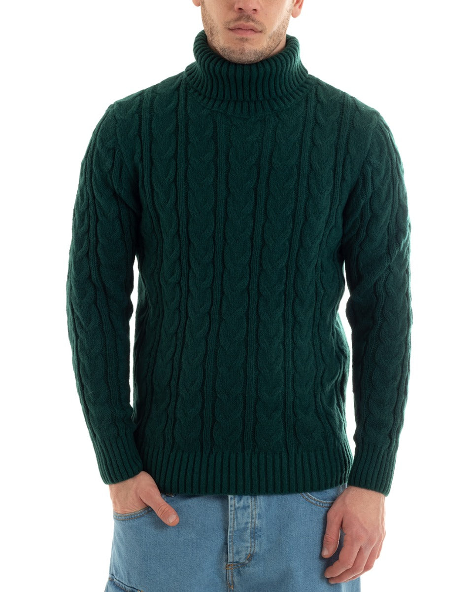 Maglioncino Uomo Maglione Collo Alto Trecce Tinta Unita Verde Dolcevita Casual GIOSAL-M2645A
