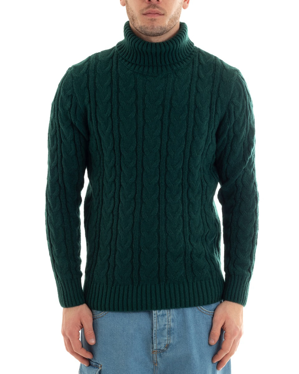 Maglioncino Uomo Maglione Collo Alto Trecce Tinta Unita Verde Dolcevita Casual GIOSAL-M2645A