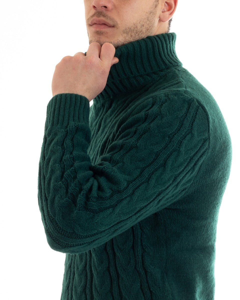 Maglioncino Uomo Maglione Collo Alto Trecce Tinta Unita Verde Dolcevita Casual GIOSAL-M2645A