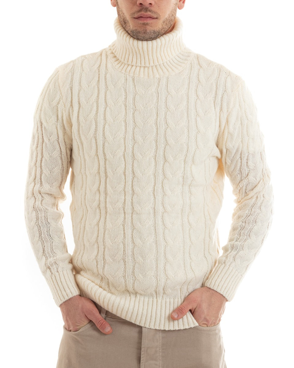 Maglioncino Uomo Maglione Collo Alto Trecce Tinta Unita Panna Dolcevita Casual GIOSAL-M2647A