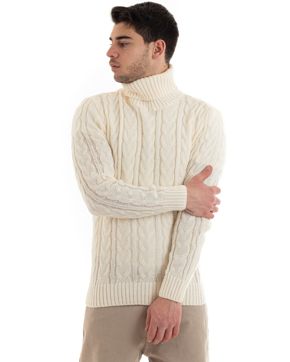 Maglioncino Uomo Maglione Collo Alto Trecce Tinta Unita Panna Dolcevita Casual GIOSAL-M2647A