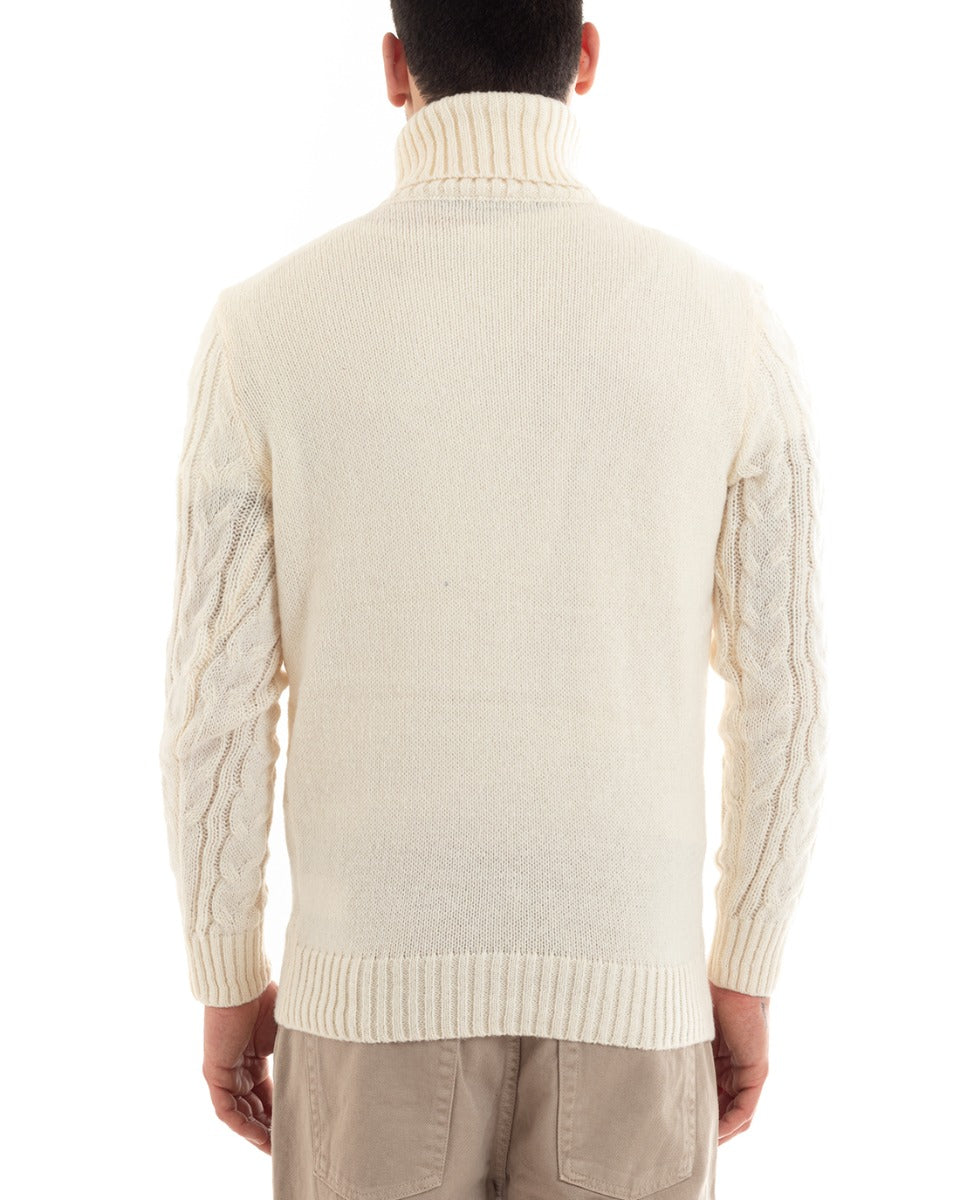 Maglioncino Uomo Maglione Collo Alto Trecce Tinta Unita Panna Dolcevita Casual GIOSAL-M2647A