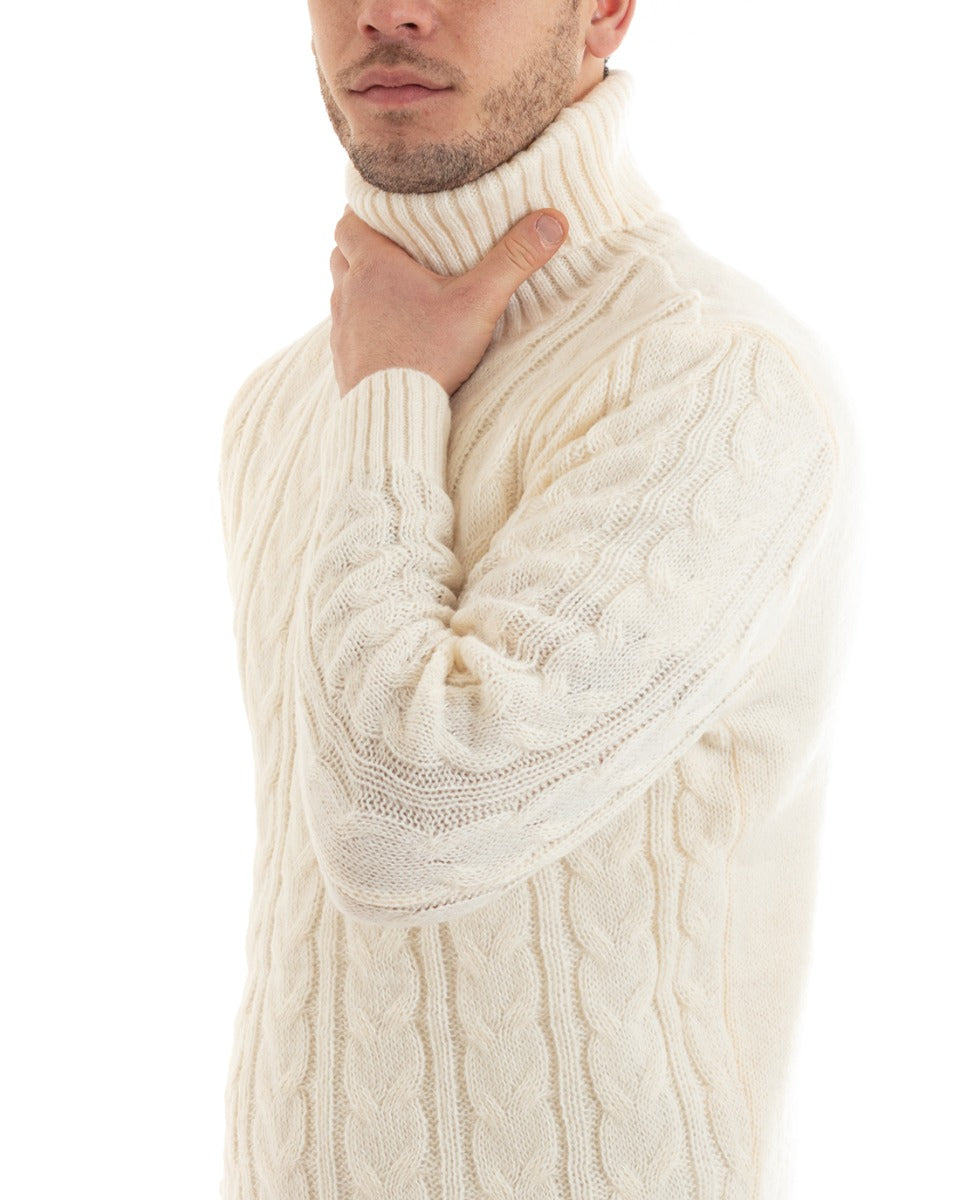Maglioncino Uomo Maglione Collo Alto Trecce Tinta Unita Panna Dolcevita Casual GIOSAL-M2647A