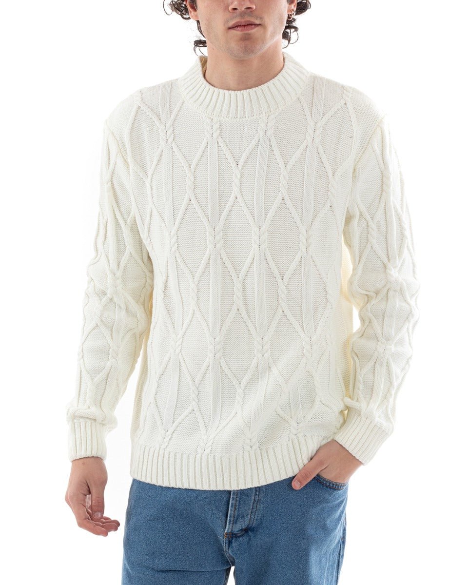 Maglione Uomo Trecce Caldo Maglioncino Maniche Lunghe Rombi Pullover Mezzo Collo Tinta Unita Bianco GIOSAL-M2653A