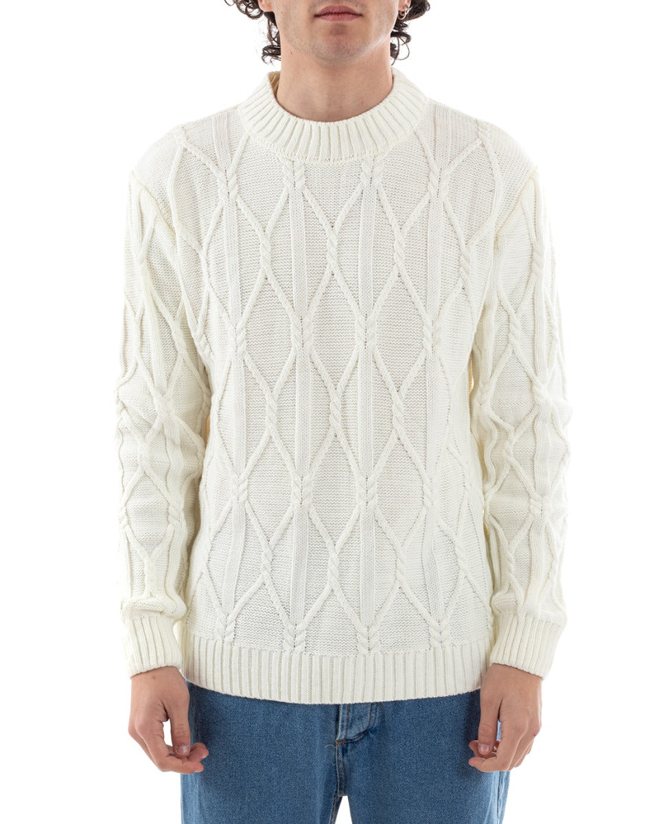 Maglione Uomo Trecce Caldo Maglioncino Maniche Lunghe Rombi Pullover Mezzo Collo Tinta Unita Bianco GIOSAL-M2653A