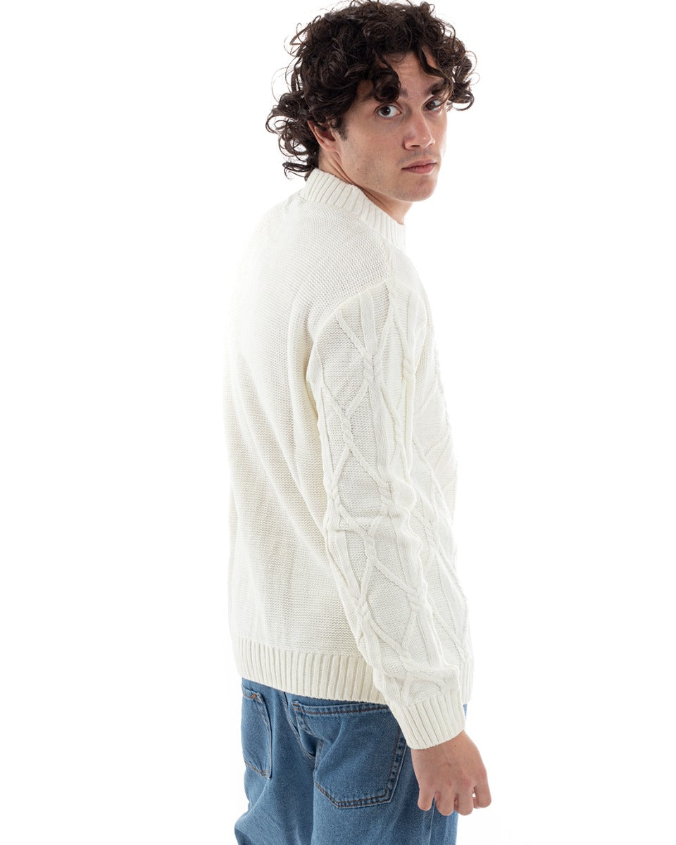 Maglione Uomo Trecce Caldo Maglioncino Maniche Lunghe Rombi Pullover Mezzo Collo Tinta Unita Bianco GIOSAL-M2653A