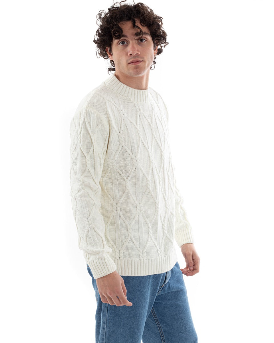 Maglione Uomo Trecce Caldo Maglioncino Maniche Lunghe Rombi Pullover Mezzo Collo Tinta Unita Bianco GIOSAL-M2653A