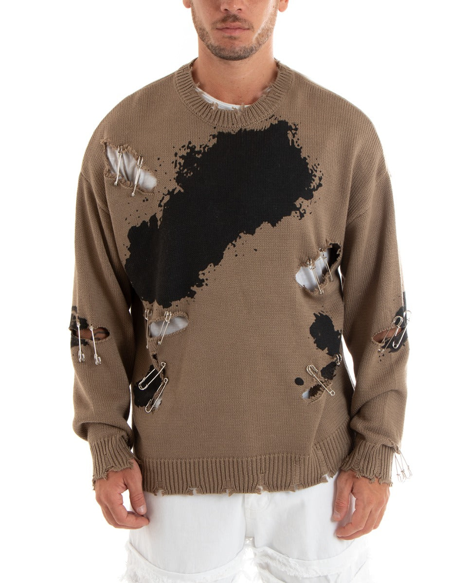 Maglioncino Uomo Pullover Girocollo Maglione Con Rotture Strappi Beige GIOSAL-M2657A