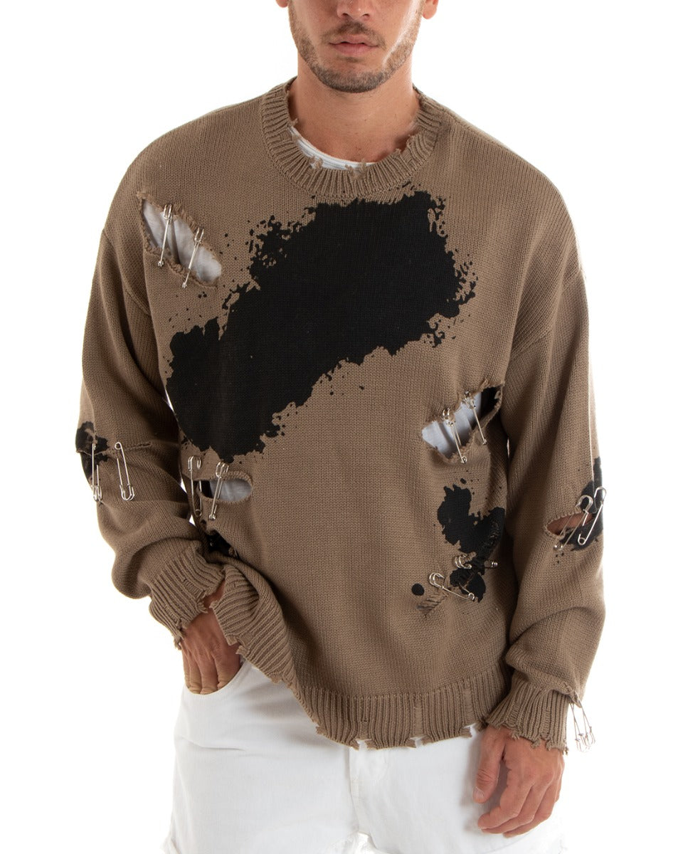 Maglioncino Uomo Pullover Girocollo Maglione Con Rotture Strappi Beige GIOSAL-M2657A