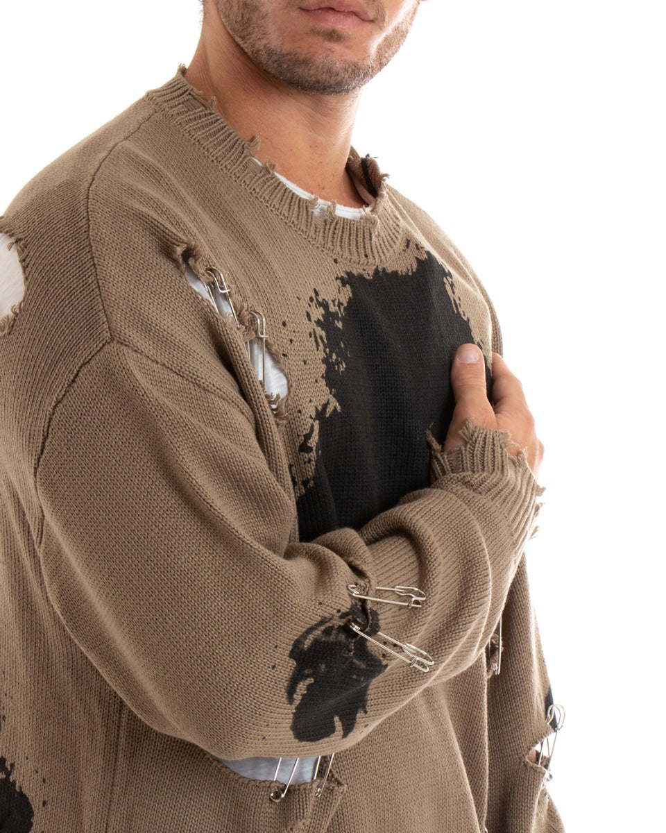 Maglioncino Uomo Pullover Girocollo Maglione Con Rotture Strappi Beige GIOSAL-M2657A
