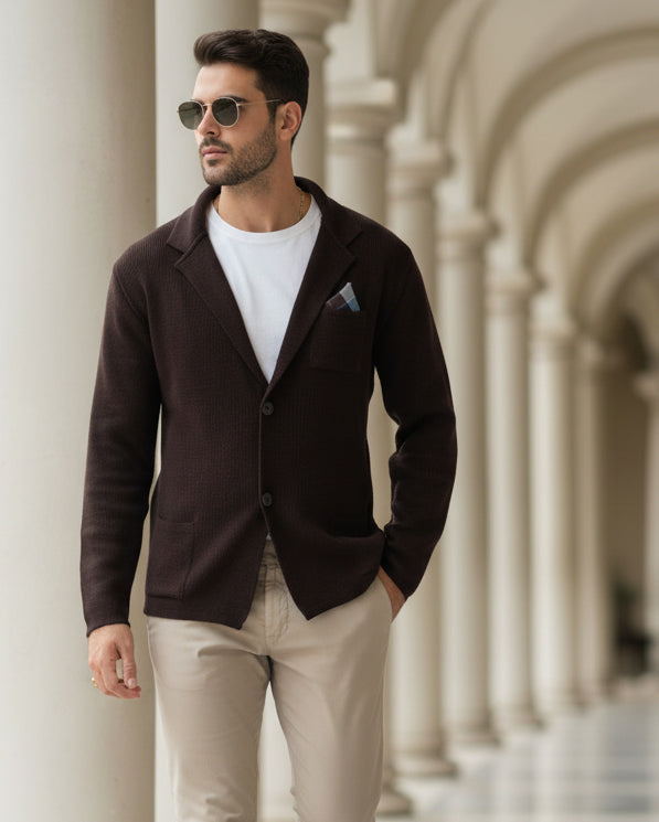 Cardigan uomo marrone giacca bottoni maglia taschino petto casual