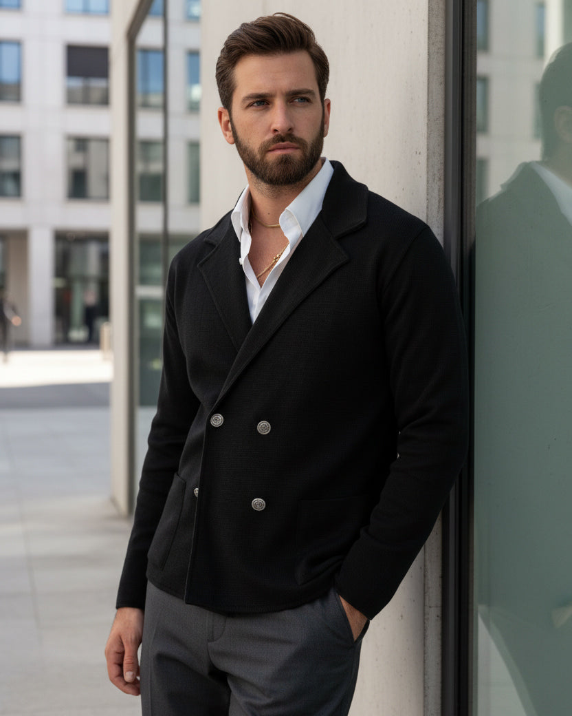 Cardigan Uomo Doppiopetto Giacca Con Bottoni Metallo Maglia Links Nero M2894A