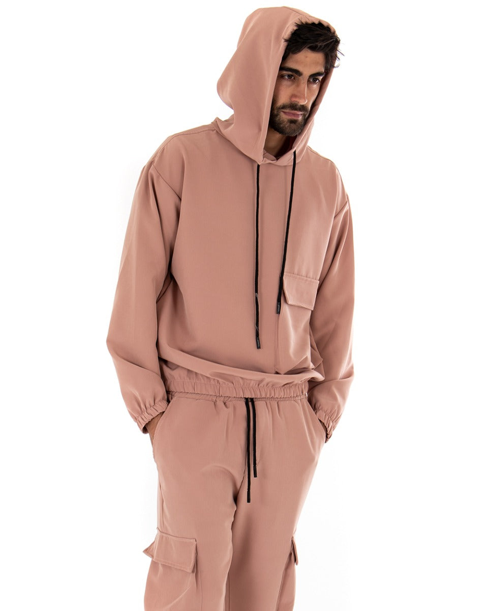 Completo Tuta Uomo Viscosa Rosa Relaxed Fit Felpa Con Cappuccio Pantaloni Cargo GIOSAL-OU1843A