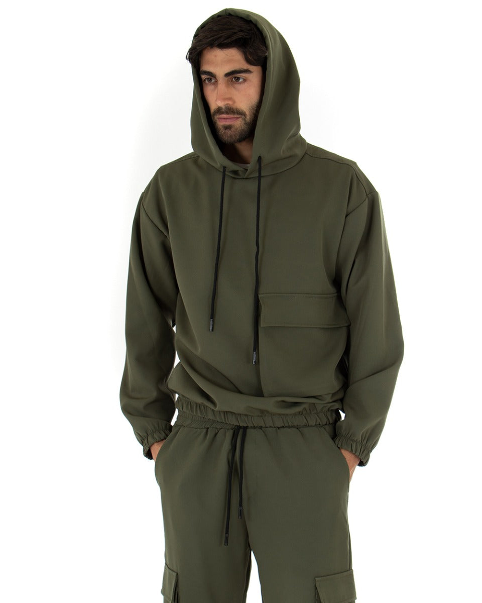 Completo Tuta Uomo Viscosa Verde Relaxed Fit Felpa Con Cappuccio Pantaloni Cargo GIOSAL-OU1844A