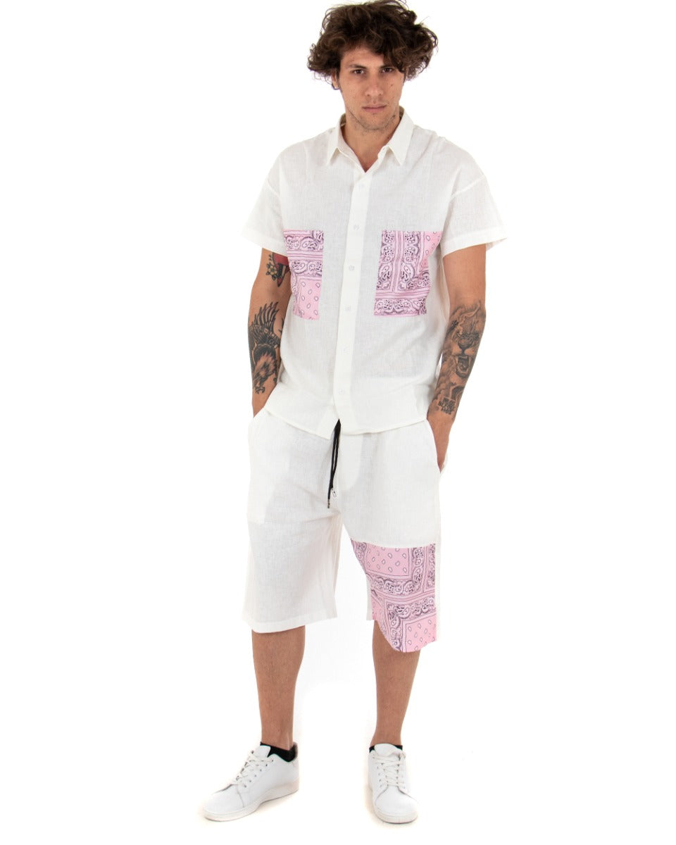 Completo Set Coordinato Uomo Lino Camicia Con Colletto Bermuda Outfit Bianco GIOSAL-OU2044A