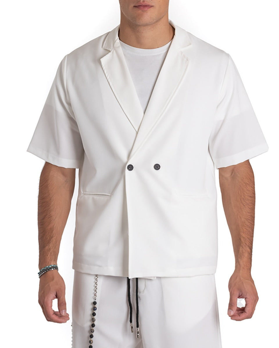 Completo Set Coordinato Uomo Viscosa Camicia Giacca Con Colletto Bermuda Outfit Bianco GIOSAL-OU2130A