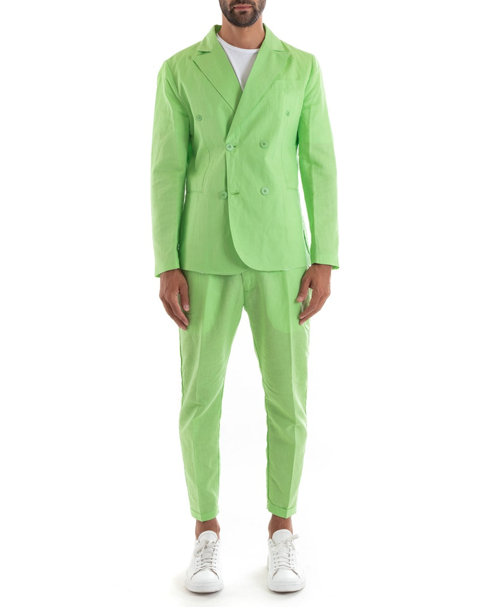 Abito Uomo Doppiopetto Vestito Lino Completo Giacca Pantaloni Tinta Unita Verde Acido Elegante Sartoriale Cerimonia GIOSAL-OU2133A