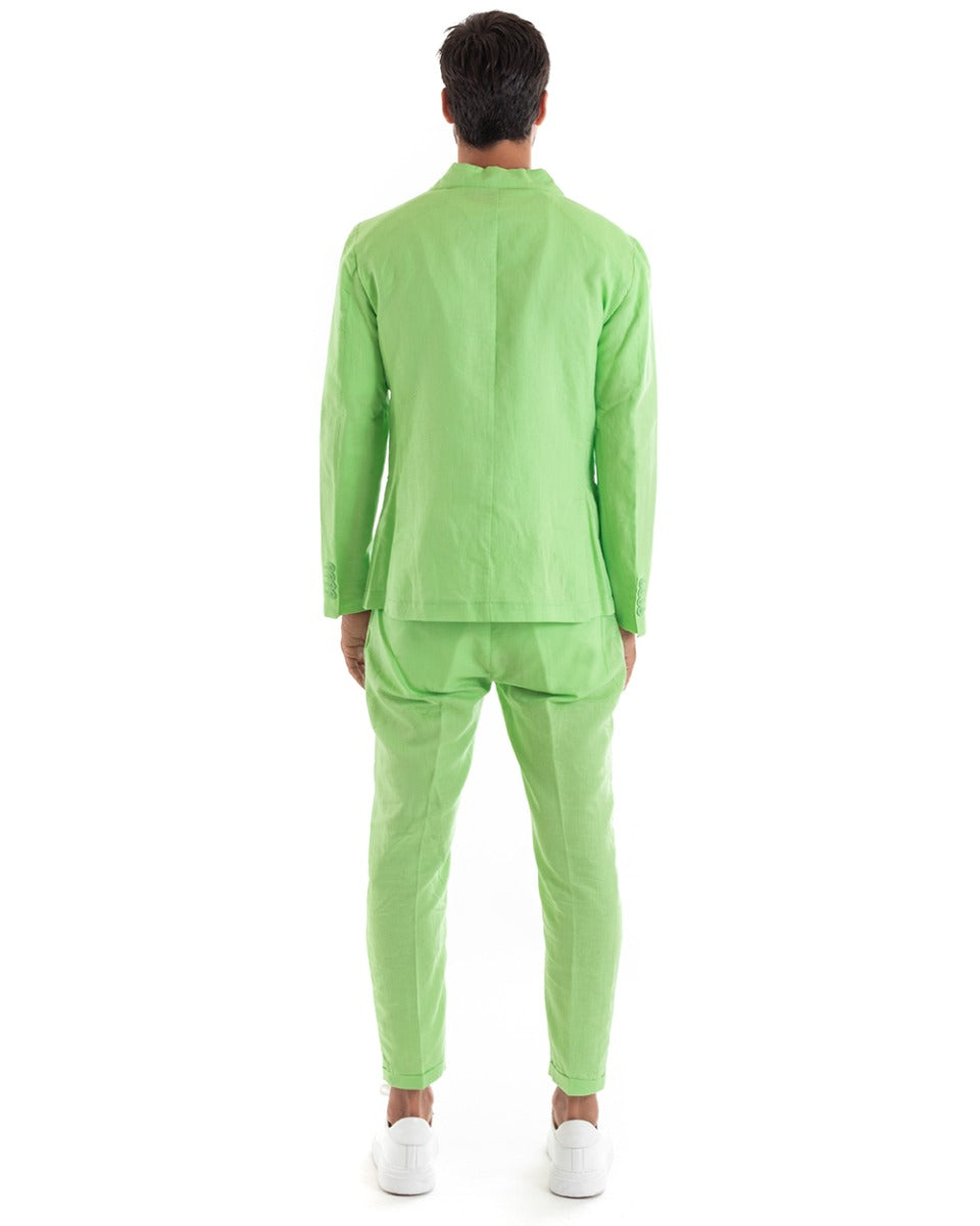 Abito Uomo Doppiopetto Vestito Lino Completo Giacca Pantaloni Tinta Unita Verde Acido Elegante Sartoriale Cerimonia GIOSAL-OU2133A