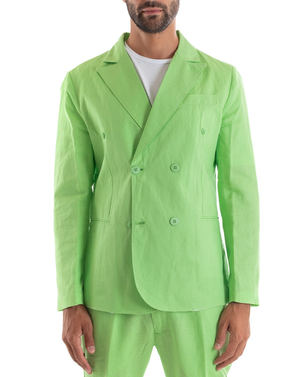 Abito Uomo Doppiopetto Vestito Lino Completo Giacca Pantaloni Tinta Unita Verde Acido Elegante Sartoriale Cerimonia GIOSAL-OU2133A