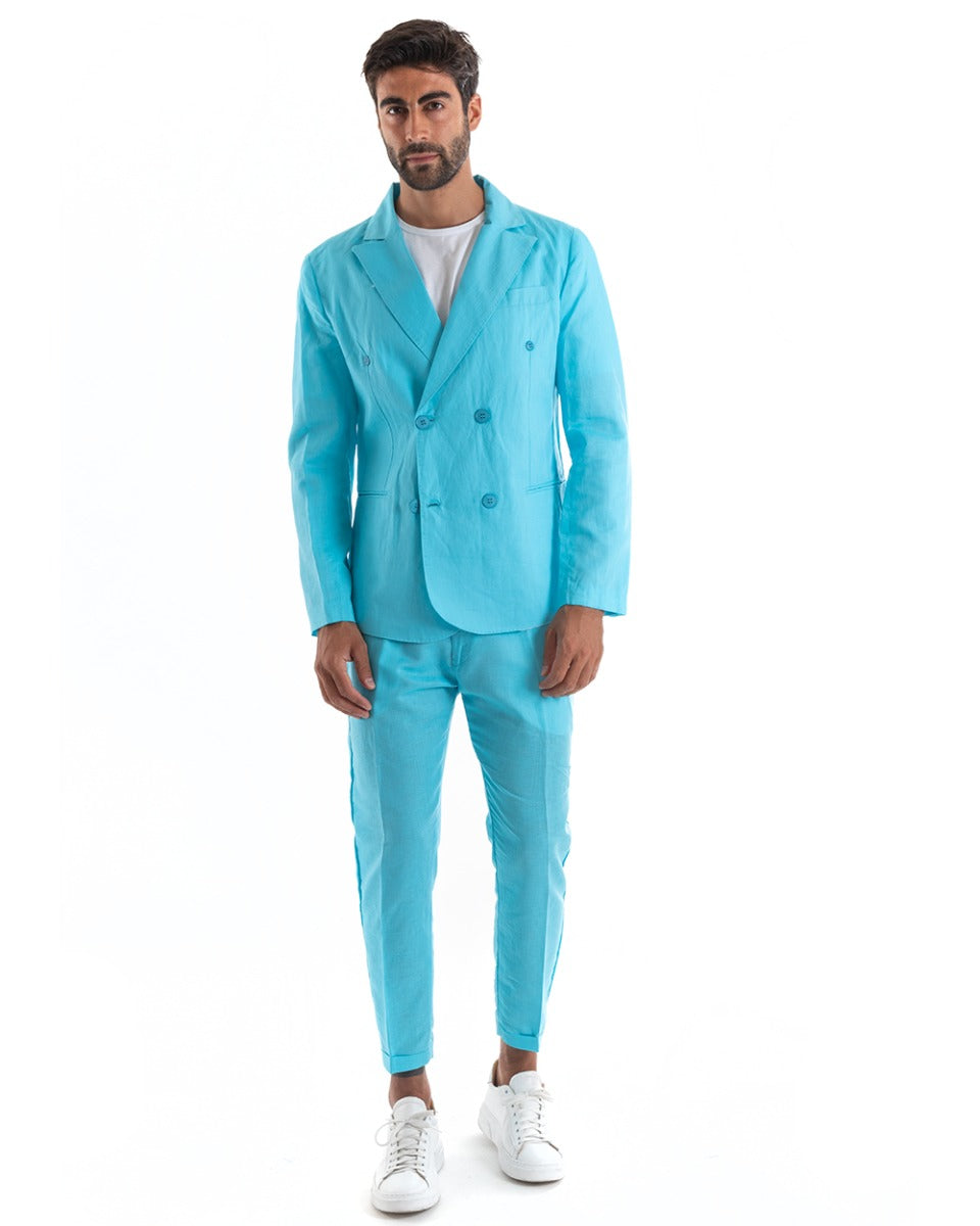 Double-Breasted Men's Suit Linen Suit Suit Jacket Trousers Turquoise  Elegant Ceremony GIOSAL-OU2134A