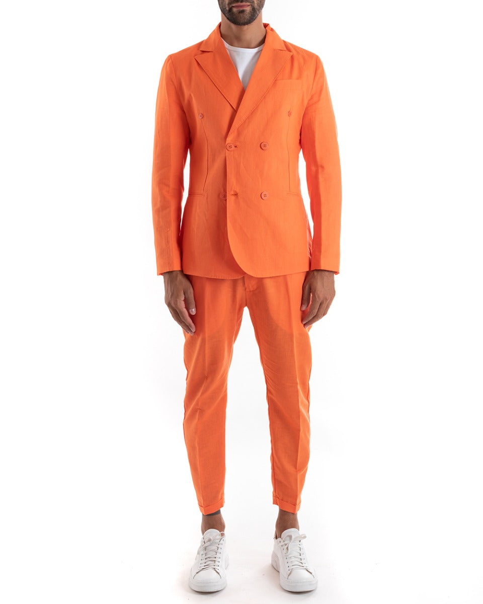 Abito Uomo Doppiopetto Vestito Lino Completo Giacca Pantaloni Arancione Elegante Cerimonia GIOSAL-OU2135A