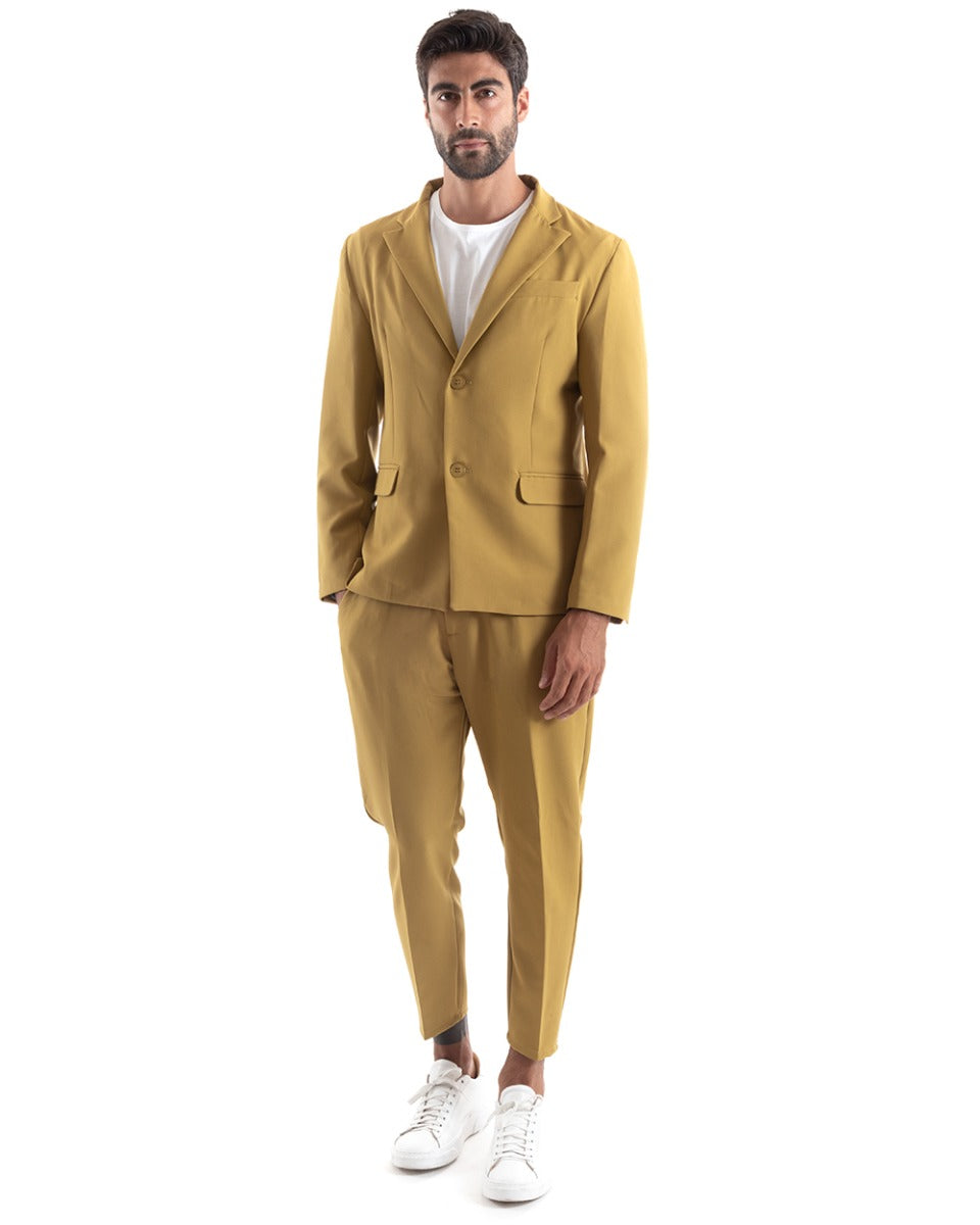 Abito Uomo Monopetto Vestito Viscosa Completo Giacca Pantaloni Senape Elegante Cerimonia GIOSAL-OU2147A