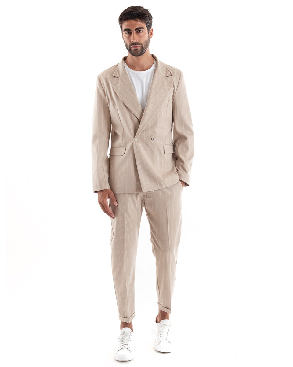 Abito Uomo Doppiopetto Vestito Viscosa Completo Giacca Pantaloni Beige Elegante Cerimonia GIOSAL-OU2152A