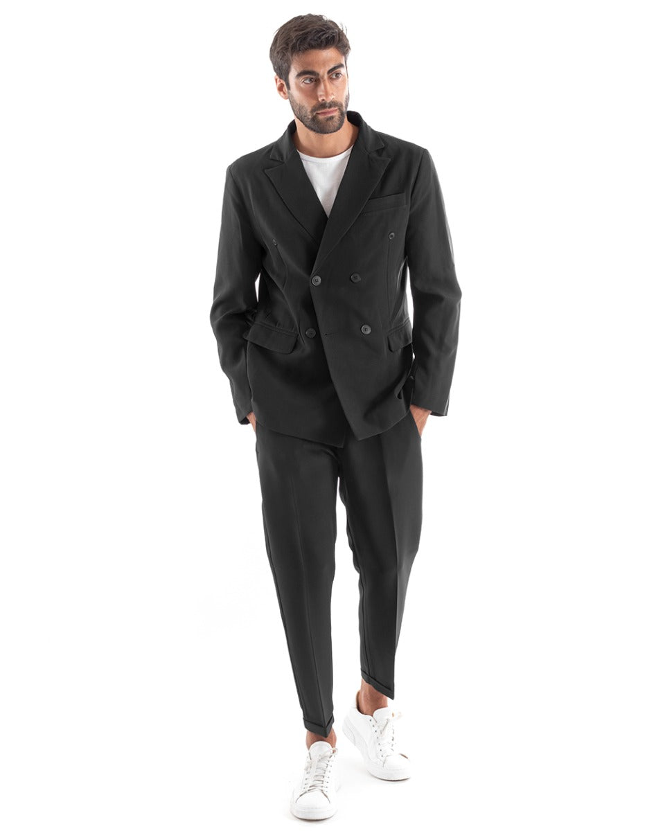 Abito Uomo Doppiopetto Vestito Viscosa Completo Giacca Pantaloni Nero Elegante Cerimonia GIOSAL-OU2162A