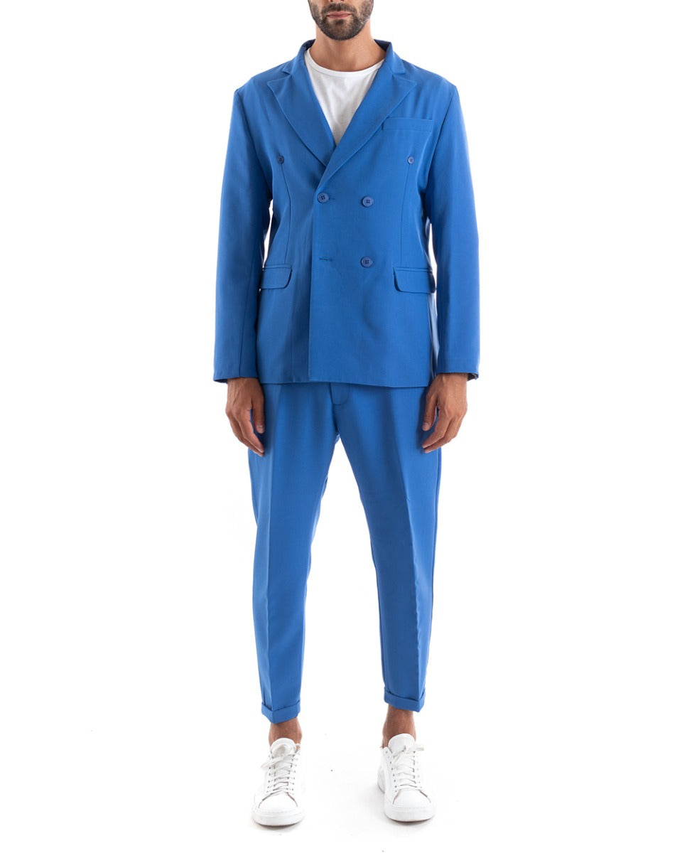 Abito Uomo Doppiopetto Vestito Viscosa Completo Giacca Pantaloni Blu Royal Sportivo Elegante Cerimonia GIOSAL-OU2163A