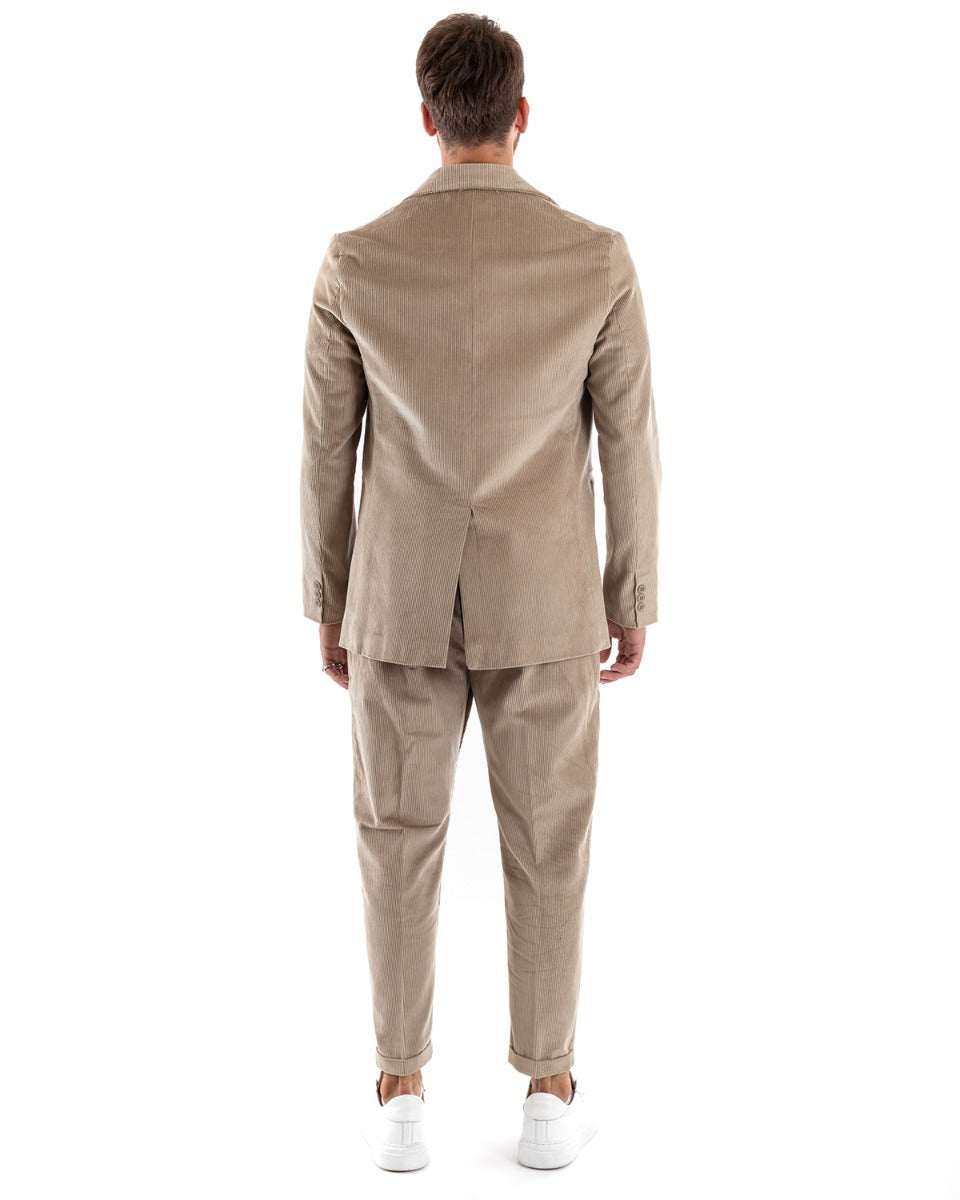 Abito Uomo Monopetto Vestito Velluto Completo Giacca Pantaloni Beige Elegante Cerimonia GIOSAL-OU2186A