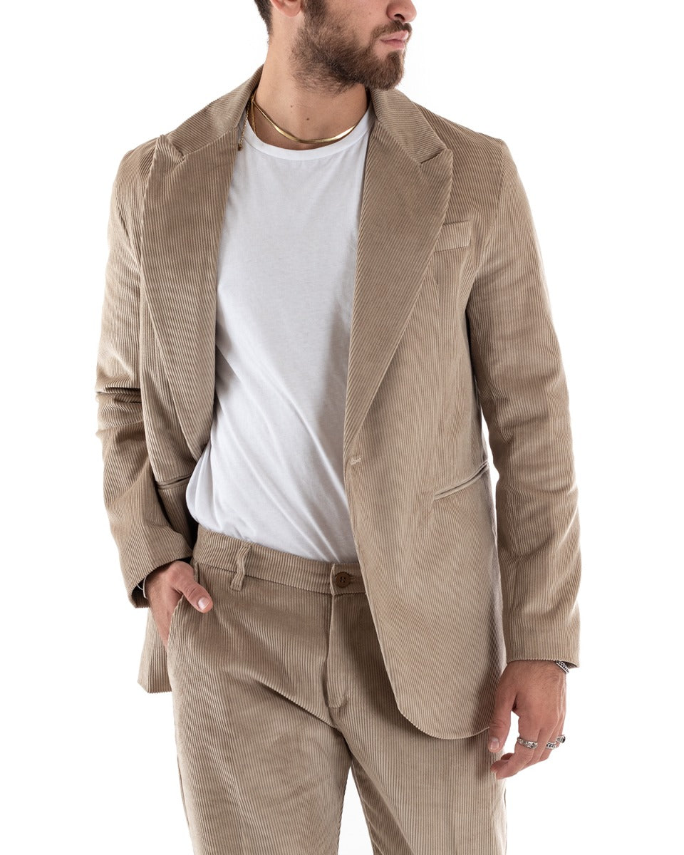 Abito Uomo Monopetto Vestito Velluto Completo Giacca Pantaloni Beige Elegante Cerimonia GIOSAL-OU2186A