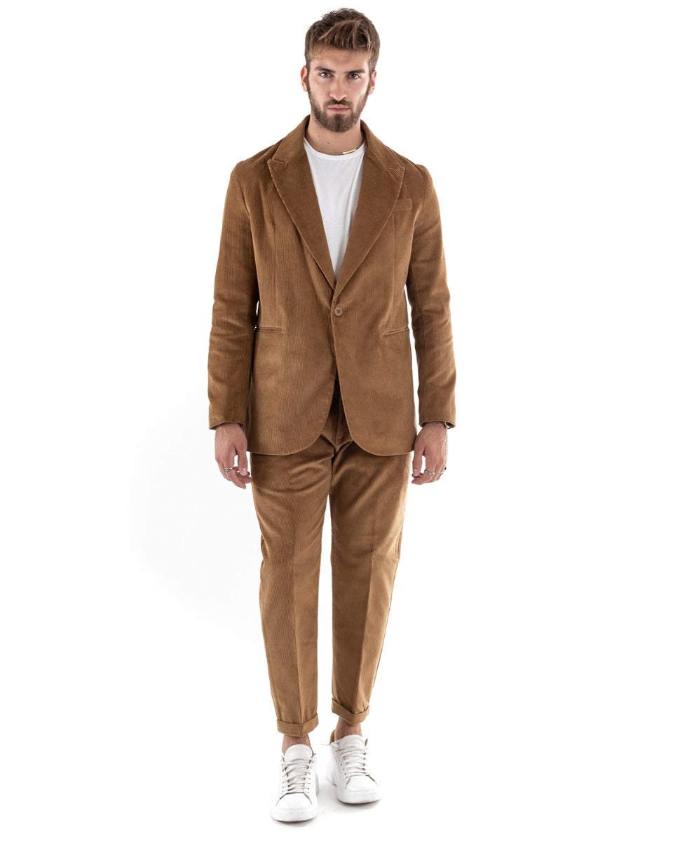 Abito Uomo Monopetto Vestito Velluto Completo Giacca Pantaloni Camel Elegante Cerimonia GIOSAL-OU2188A