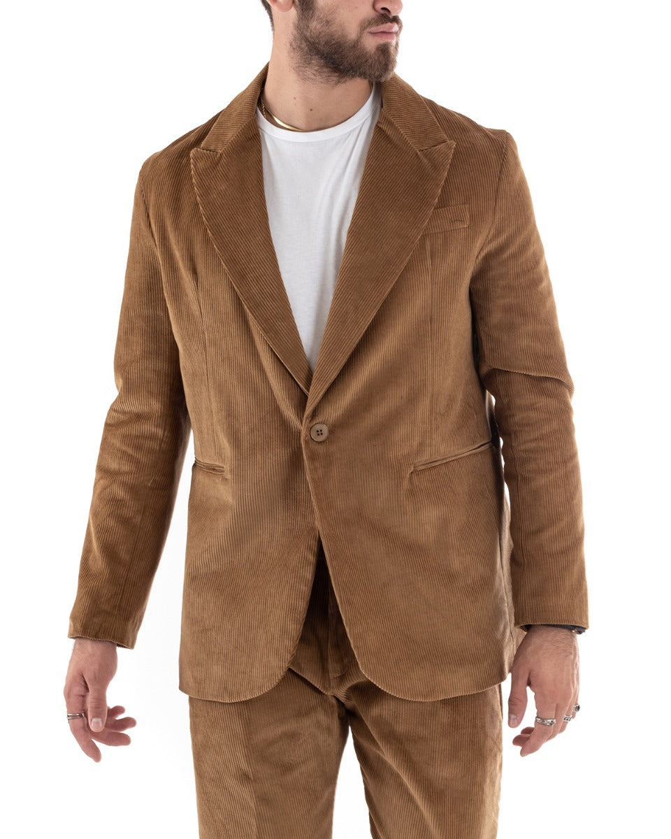 Abito Uomo Monopetto Vestito Velluto Completo Giacca Pantaloni Camel Elegante Cerimonia GIOSAL-OU2188A