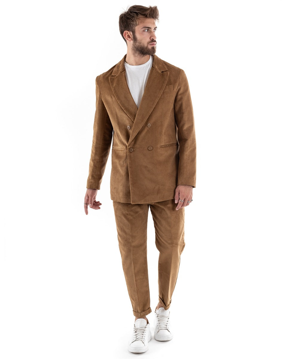 Abito Uomo Doppiopetto Vestito Velluto Completo Giacca Pantaloni Camel Elegante Cerimonia GIOSAL-OU2193A