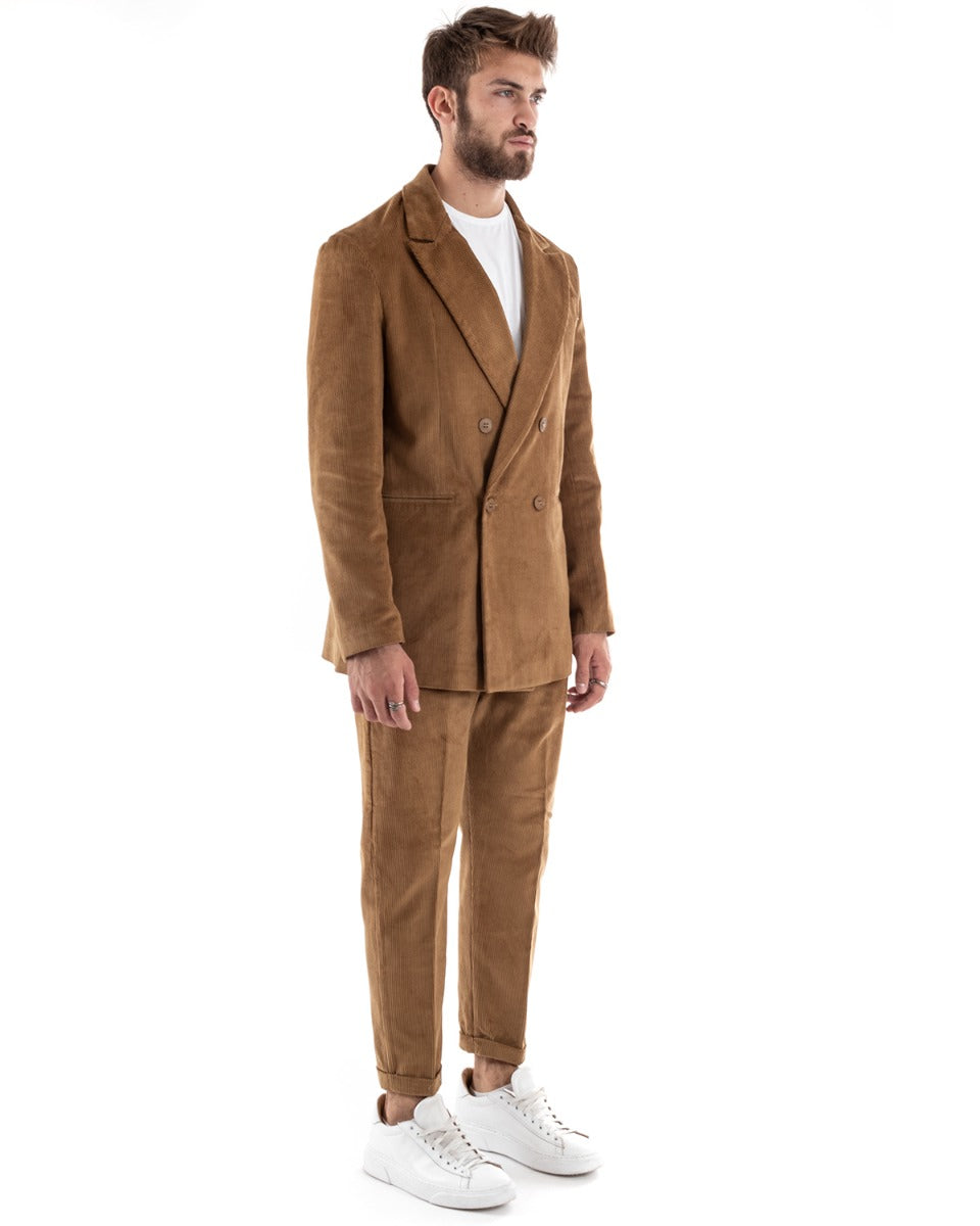 Abito Uomo Doppiopetto Vestito Velluto Completo Giacca Pantaloni Camel Elegante Cerimonia GIOSAL-OU2193A