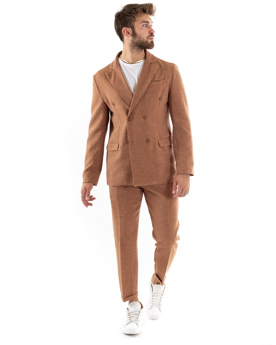 Abito Uomo Doppiopetto Vestito Viscosa Completo Giacca Pantaloni Camel Melangiato Elegante Cerimonia GIOSAL-OU2199A