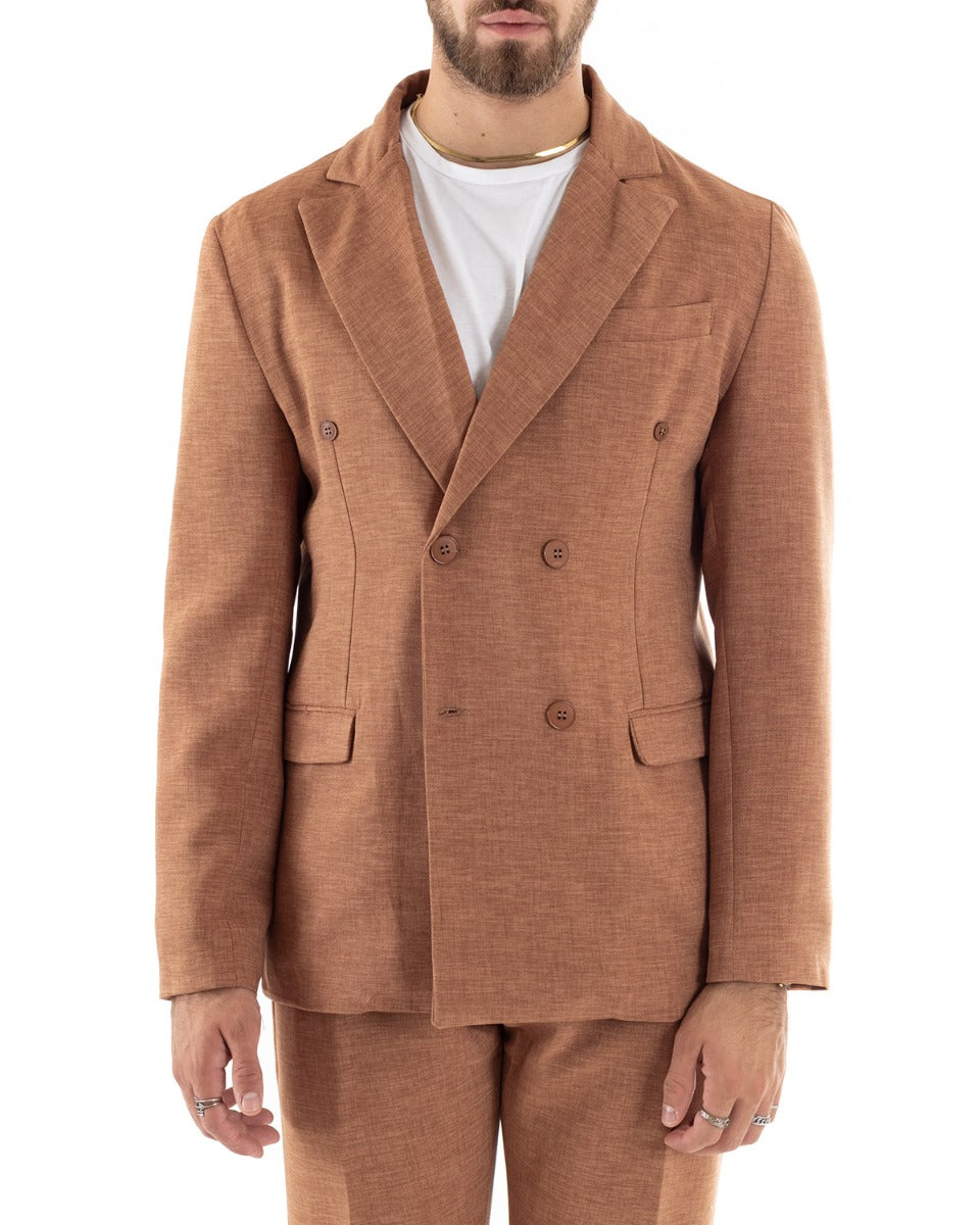 Abito Uomo Doppiopetto Vestito Viscosa Completo Giacca Pantaloni Camel Melangiato Elegante Cerimonia GIOSAL-OU2199A