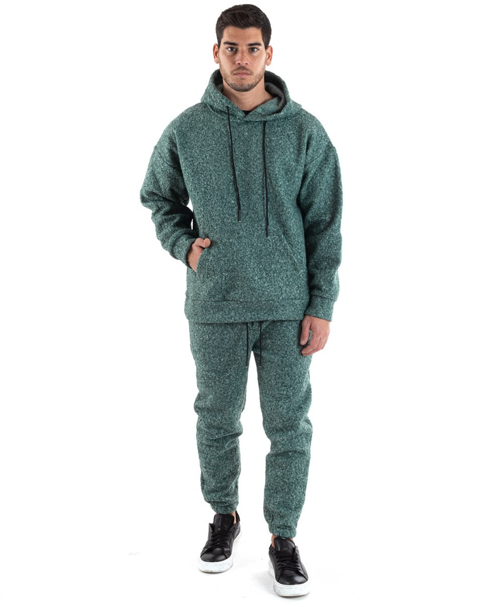 Completo Tuta Uomo Verde Relaxed Fit Teddy Pelliccia Felpa Con Cappucc