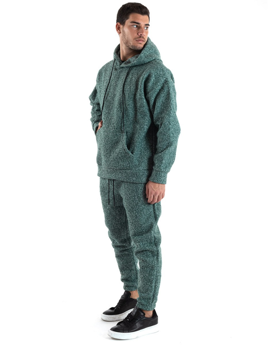 Completo Tuta Uomo Verde Relaxed Fit Teddy Pelliccia Felpa Con Cappuccio Pantaloni GIOSAL-OU2226A