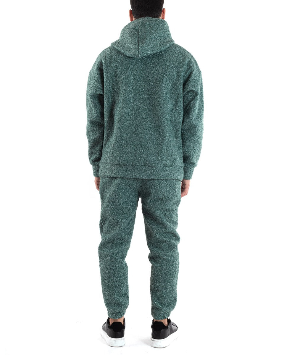 Completo Tuta Uomo Verde Relaxed Fit Teddy Pelliccia Felpa Con Cappuccio Pantaloni GIOSAL-OU2226A