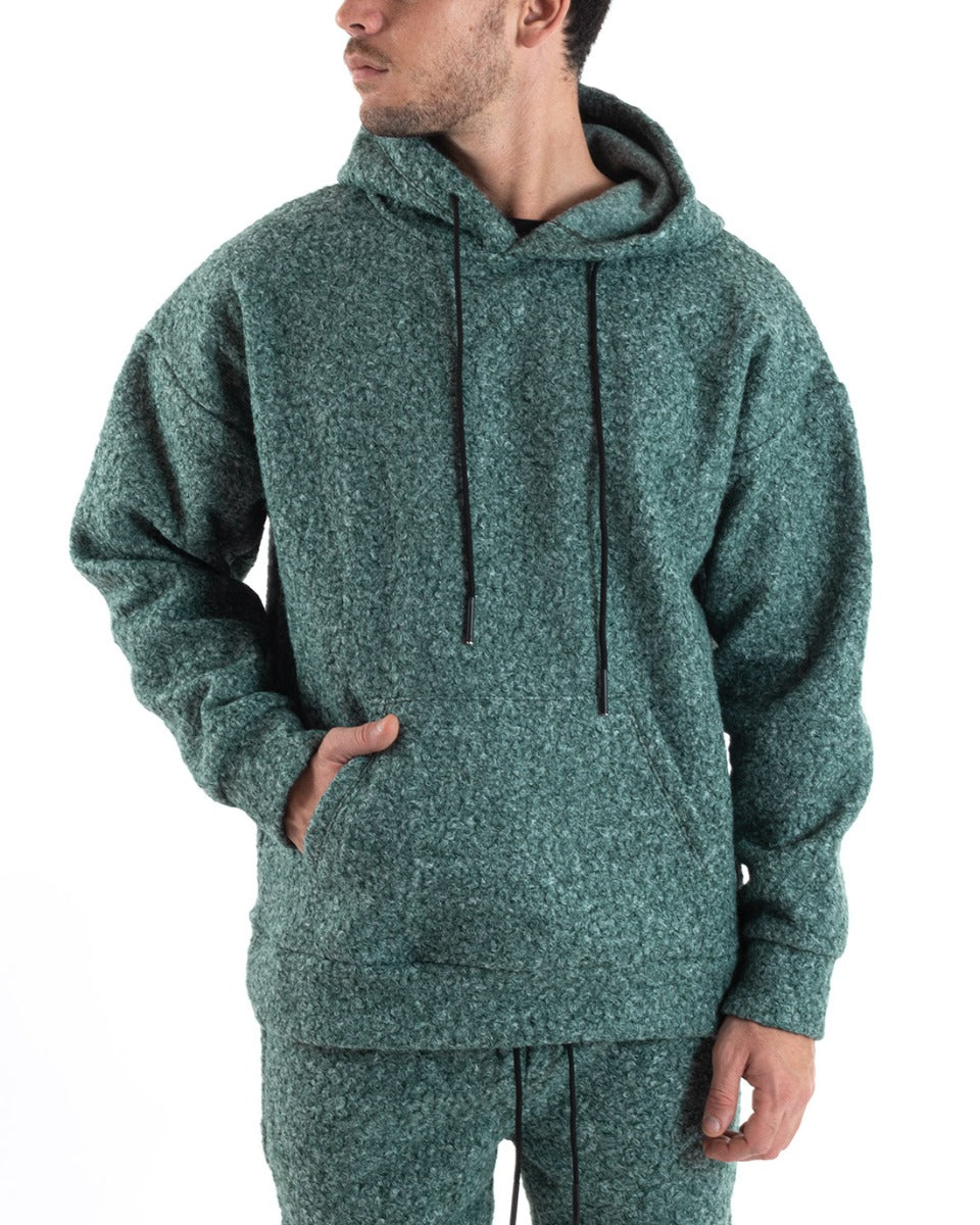 Completo Tuta Uomo Verde Relaxed Fit Teddy Pelliccia Felpa Con Cappuccio Pantaloni GIOSAL-OU2226A