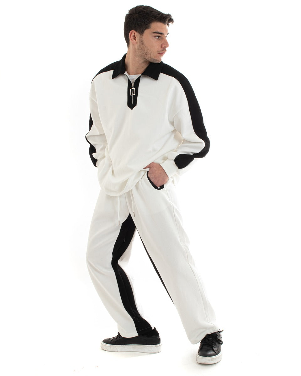 Completo Tuta Uomo Cotone Bianco Oversize Relaxed Fit Felpa Con Colletto Pantaloni GIOSAL-OU2234A