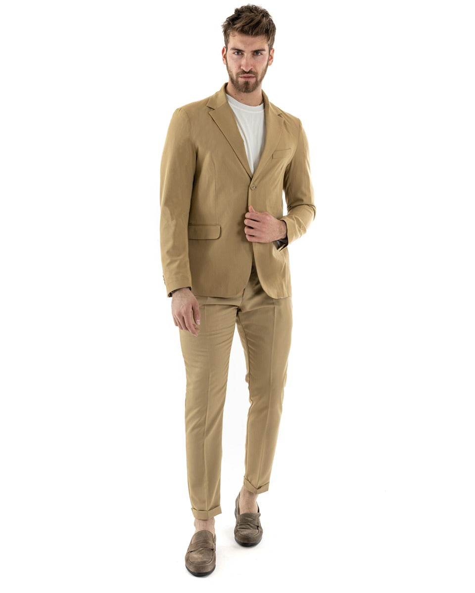 Abito Uomo Monopetto Completo Viscosa Sartoriale Giacca Pantaloni Camel Elegante Casual GIOSAL-OU2241A