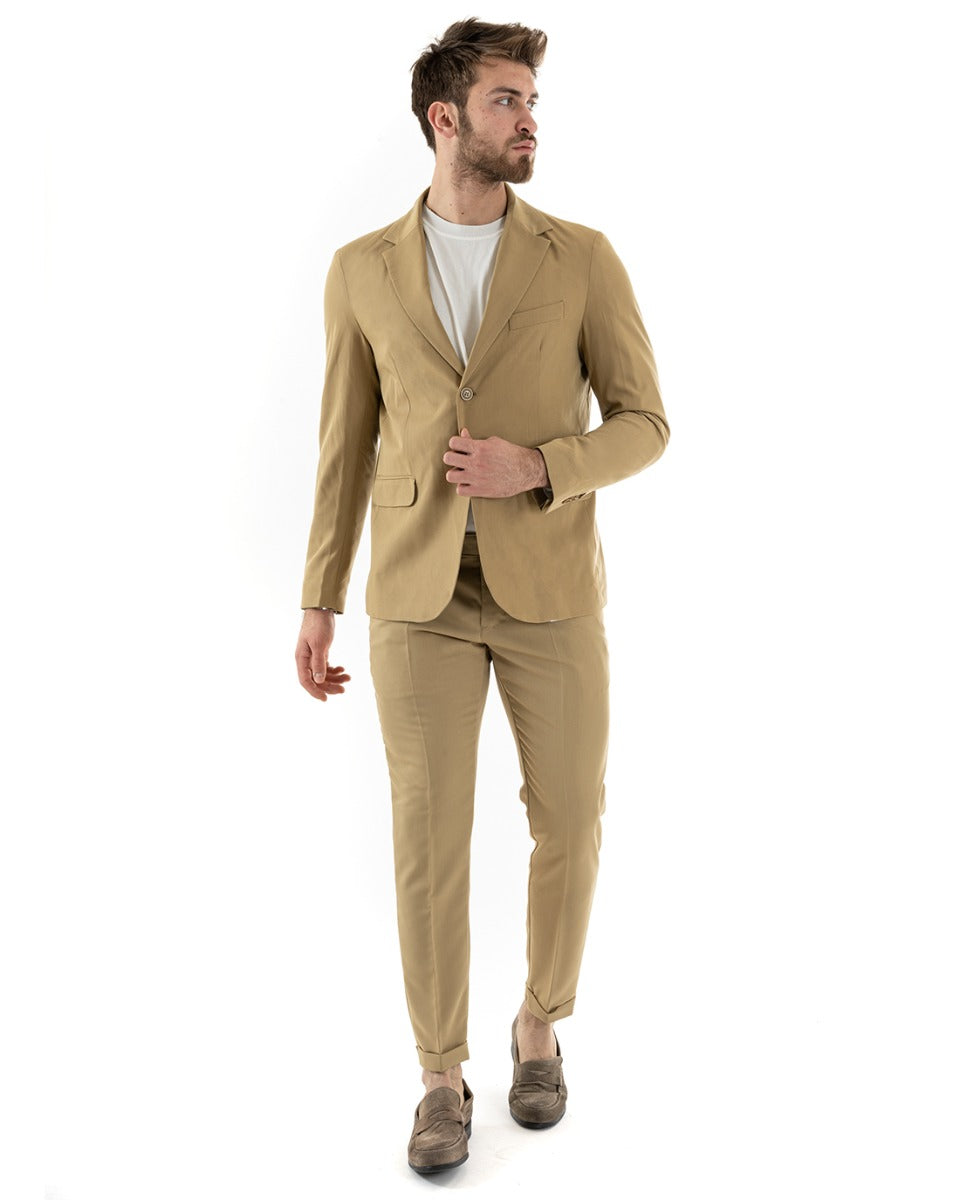 Abito Uomo Monopetto Completo Viscosa Sartoriale Giacca Pantaloni Camel Elegante Casual GIOSAL-OU2241A