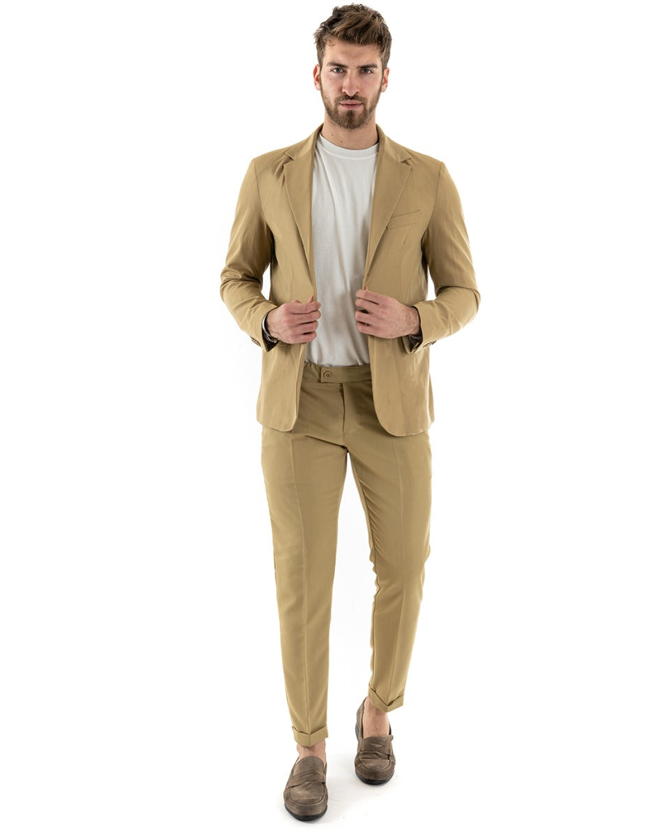 Abito Uomo Monopetto Completo Viscosa Sartoriale Giacca Pantaloni Camel Elegante Casual GIOSAL-OU2241A