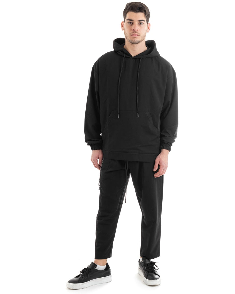 Completo Tuta Uomo Nero Viscosa Relaxed Fit Felpa Con Cappuccio Pantaloni GIOSAL-OU2248A