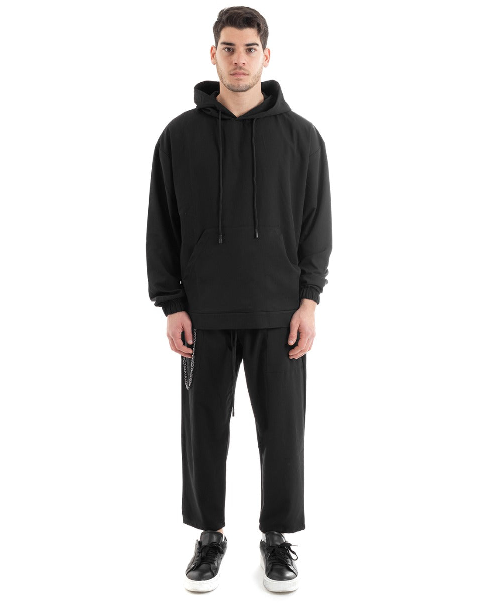 Completo Tuta Uomo Nero Viscosa Relaxed Fit Felpa Con Cappuccio Pantaloni GIOSAL-OU2248A
